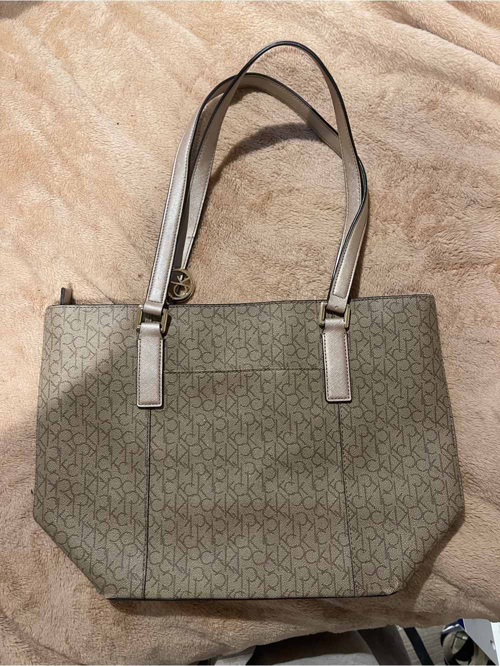 Calvin Klein Taupe Monogram Tote with Metallic Accents